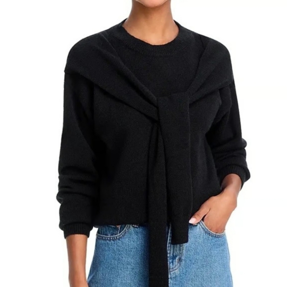 Line & Dot Black Crewneck Sweater with Draped Front Detail